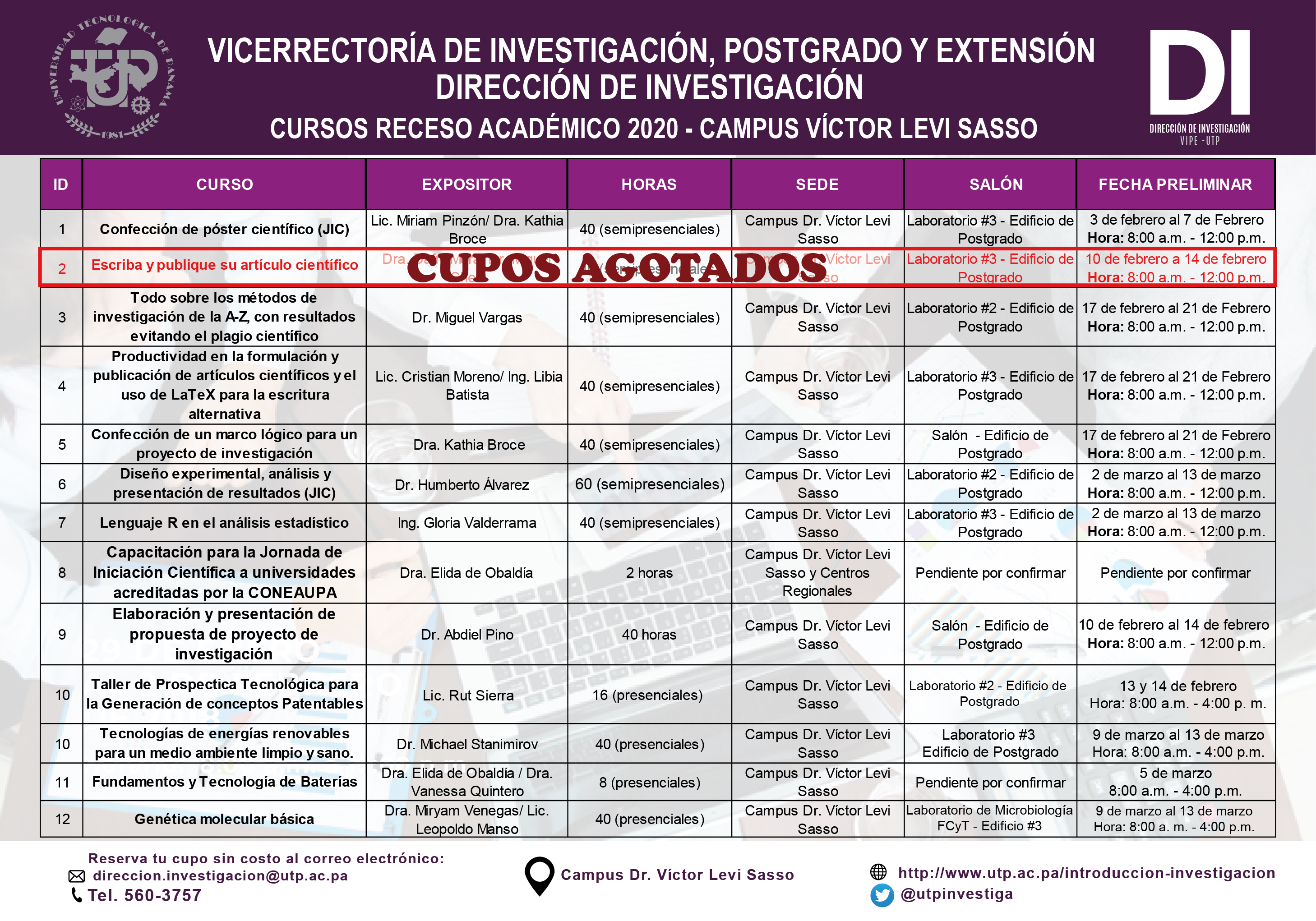 Cursos para el Receso Académico 2020 Cursos para el Receso Académico 2020